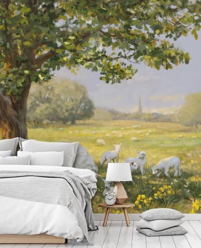 mural campestre verde y blanco llamado Spring Lambs de Daniel Rodgers para residencias de ancianos mural campestre verde y blanco llamado Spring Lambs de Daniel Rodgers para residencias de ancianos