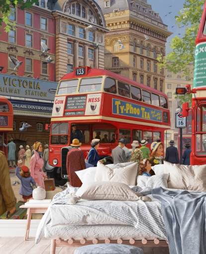 mural de pared colorido y personalizable de una época pasada llamado Victoria Station de Daniel Rodgers para residencias de ancianos