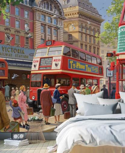 mural de parede colorido e personalizável da era passada chamado Victoria Station, de Daniel Rodgers, para casas de repouso