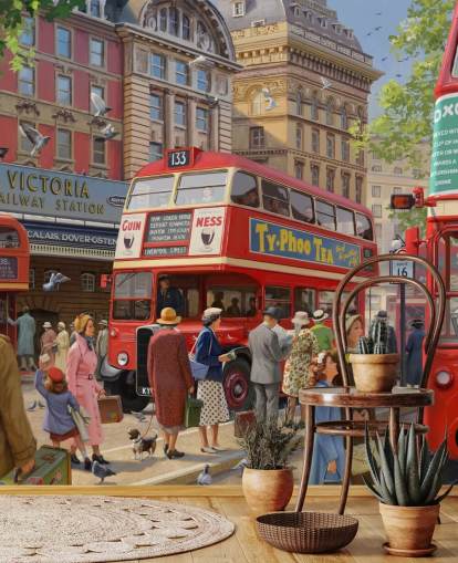 colourful customisable bygone era wall mural called Victoria Station by Daniel Rodgers for care homes