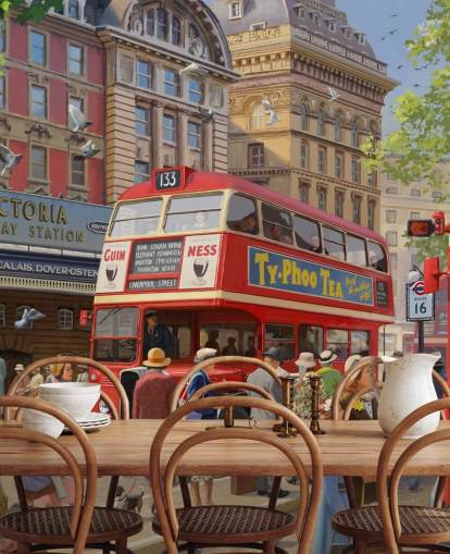 colorful customizable bygone era wall mural called Victoria Station by Daniel Rodgers for care homes