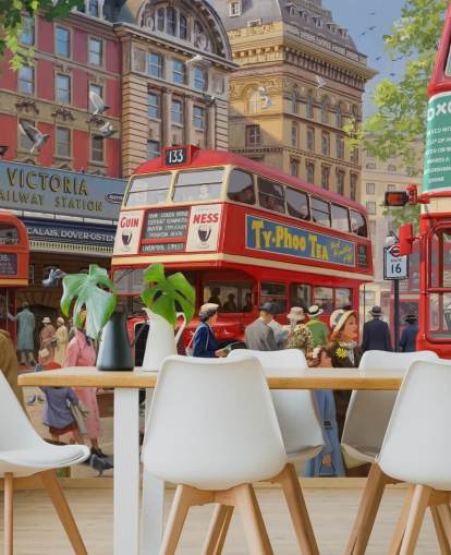 colourful customisable bygone era wall mural called Victoria Station by Daniel Rodgers for care homes