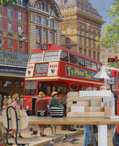 mural de pared colorido y personalizable de una época pasada llamado Victoria Station de Daniel Rodgers para residencias de ancianos