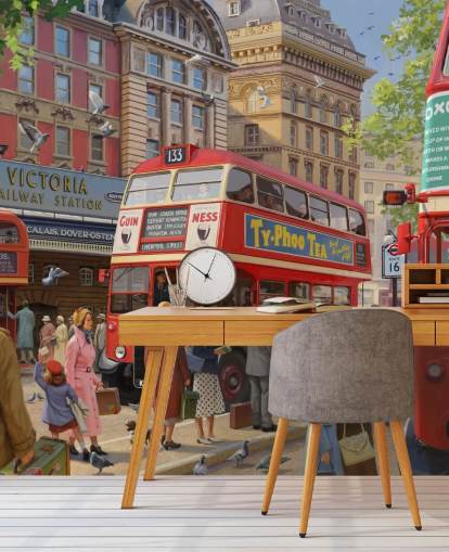 colorful customizable bygone era wall mural called Victoria Station by Daniel Rodgers for care homes