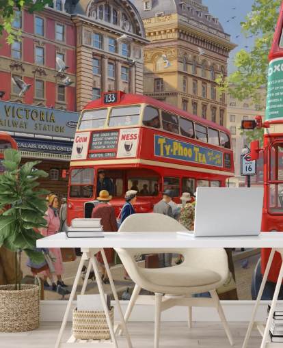 colorful customizable bygone era wall mural called Victoria Station by Daniel Rodgers for care homes