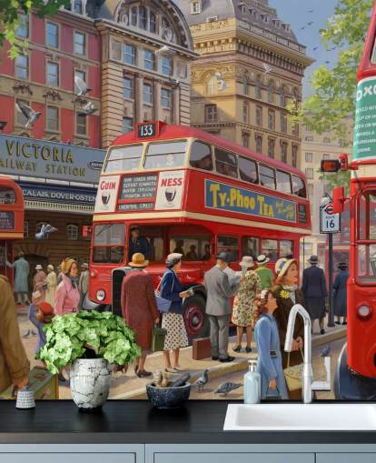 mural de pared colorido y personalizable de una época pasada llamado Victoria Station de Daniel Rodgers para residencias de ancianos