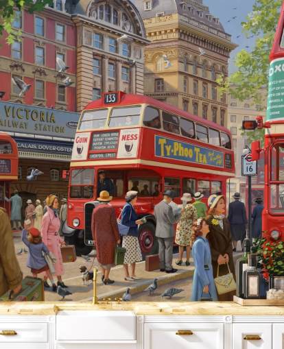 Buntes, individuell gestaltbares Wandbild aus vergangenen Zeiten namens Victoria Station von Daniel Rodgers für Pflegeheime