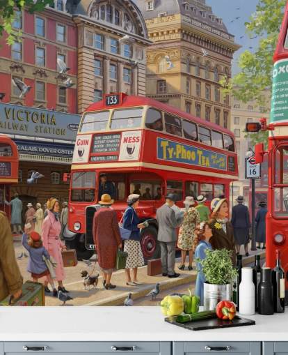 Buntes, individuell gestaltbares Wandbild aus vergangenen Zeiten namens Victoria Station von Daniel Rodgers für Pflegeheime