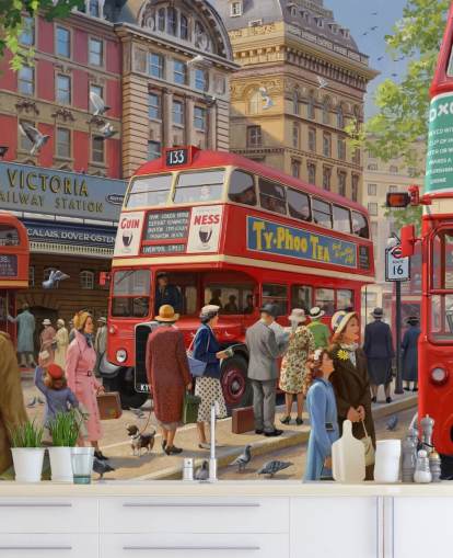 mural de parede colorido e personalizável da era passada chamado Victoria Station, de Daniel Rodgers, para casas de repouso