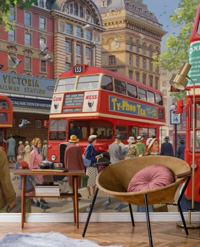 mural de pared colorido y personalizable de una época pasada llamado Victoria Station de Daniel Rodgers para residencias de ancianos