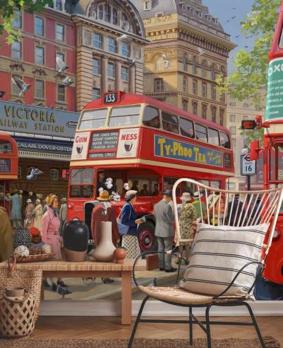 colorful customizable bygone era wall mural called Victoria Station by Daniel Rodgers for care homes