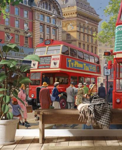 colorful customizable bygone era wall mural called Victoria Station by Daniel Rodgers for care homes