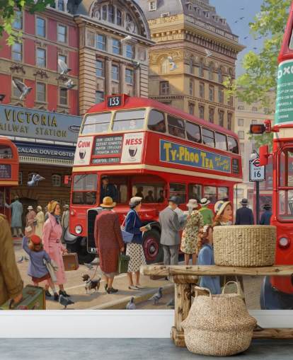 colorful customizable bygone era wall mural called Victoria Station by Daniel Rodgers for care homes