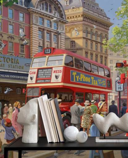 mural de pared colorido y personalizable de una época pasada llamado Victoria Station de Daniel Rodgers para residencias de ancianos