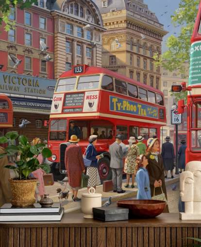 mural de pared colorido y personalizable de una época pasada llamado Victoria Station de Daniel Rodgers para residencias de ancianos