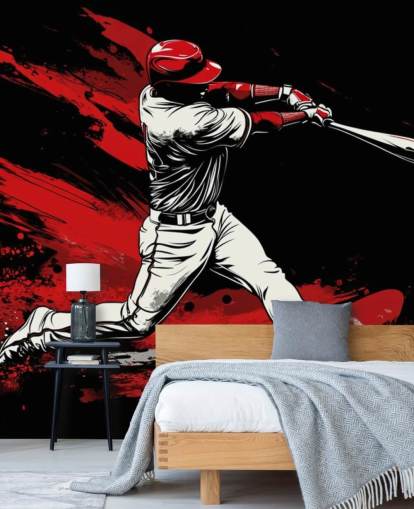 rotes und schwarzes Baseball-Tapeten-Wandbild namens Red Splash Baseball für Schlafzimmer