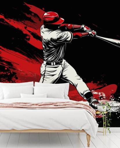 rode en zwarte honkbalbehangmuurschildering genaamd Red Splash Baseball voor slaapkamers rode en zwarte honkbalbehangmuurschildering genaamd Red Splash Baseball voor slaapkamers
