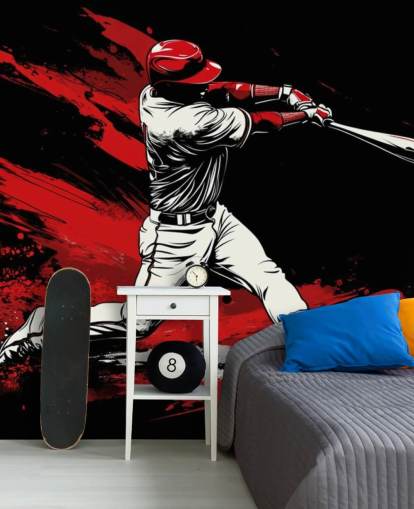 rød og sort baseball tapet vægmaleri kaldet Red Splash Baseball til soveværelser