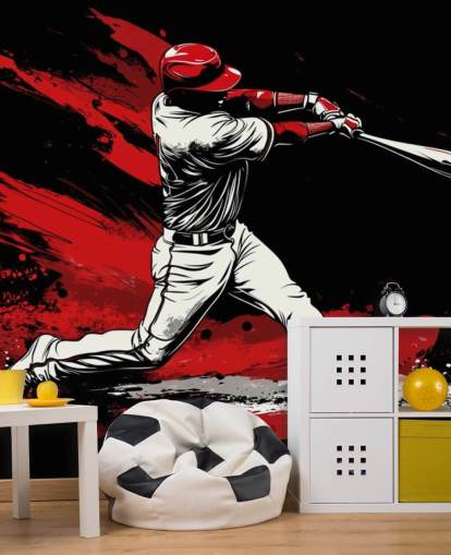rode en zwarte honkbalbehangmuurschildering genaamd Red Splash Baseball voor slaapkamers rode en zwarte honkbalbehangmuurschildering genaamd Red Splash Baseball voor slaapkamers