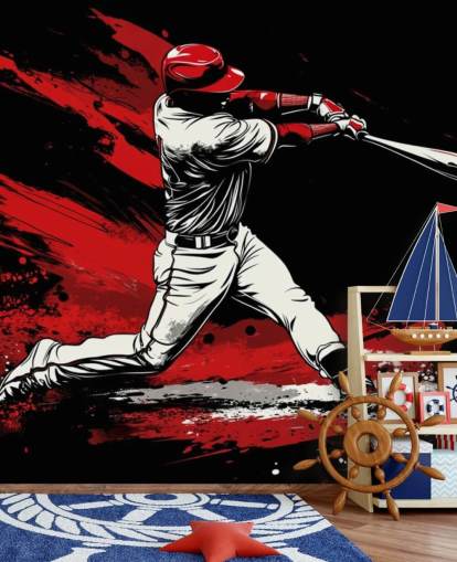 mural de papel pintado de béisbol rojo y negro llamado Red Splash Baseball para dormitorios