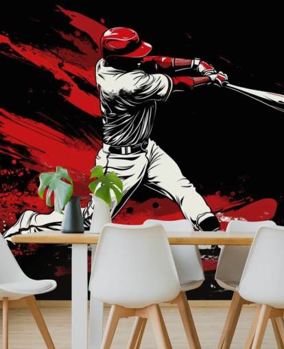 mural de papel pintado de béisbol rojo y negro llamado Red Splash Baseball para dormitorios