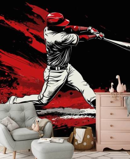 carta da parati murale con baseball rosso e nero chiamato Red Splash Baseball per camere da letto