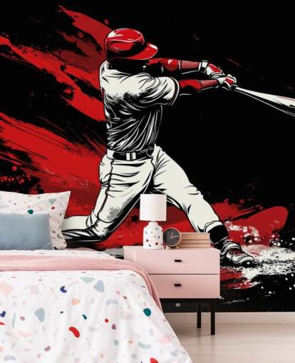 mural de papel pintado de béisbol rojo y negro llamado Red Splash Baseball para dormitorios