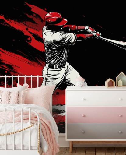 carta da parati murale con baseball rosso e nero chiamato Red Splash Baseball per camere da letto