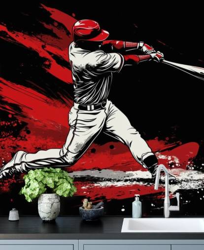 red and black baseball wallpaper mural called Red Splash Baseball for bedrooms