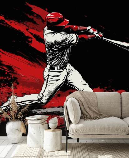 mural de papel pintado de béisbol rojo y negro llamado Red Splash Baseball para dormitorios