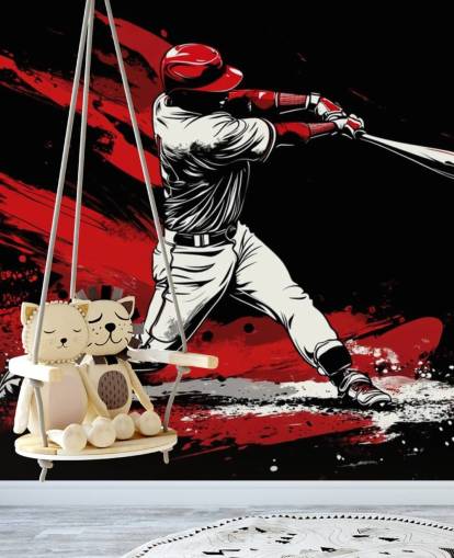 rød og sort baseball tapet vægmaleri kaldet Red Splash Baseball til soveværelser rød og sort baseball tapet vægmaleri kaldet Red Splash Baseball til soveværelser