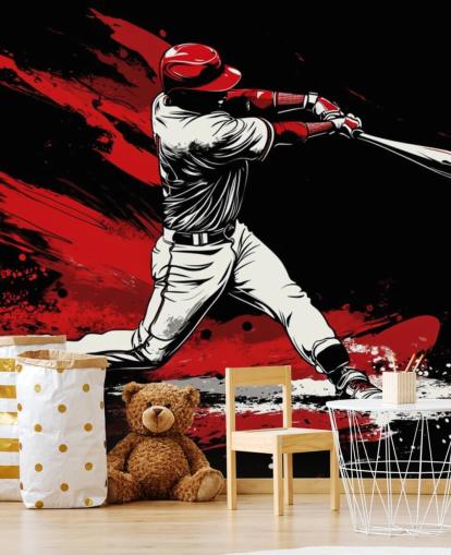 red and black baseball wallpaper mural called Red Splash Baseball for bedrooms