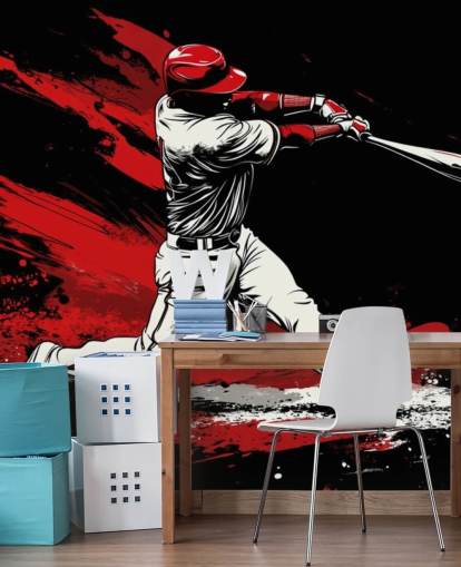 mural de papel pintado de béisbol rojo y negro llamado Red Splash Baseball para dormitorios mural de papel pintado de béisbol rojo y negro llamado Red Splash Baseball para dormitorios