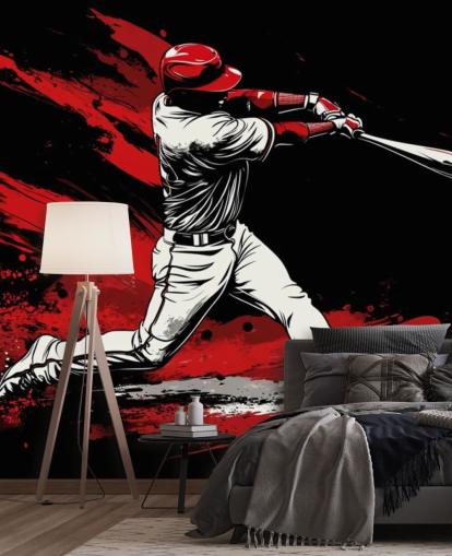 mural de papel de parede de beisebol vermelho e preto chamado Red Splash Baseball para quartos