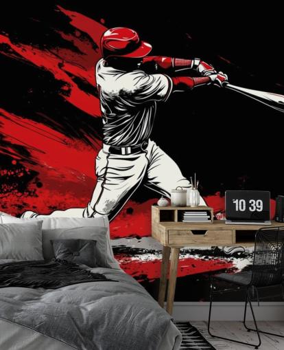 rødt og svart baseball tapet veggmaleri kalt Red Splash Baseball for soverom rødt og svart baseball tapet veggmaleri kalt Red Splash Baseball for soverom