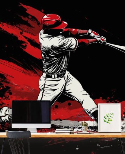 rode en zwarte honkbalbehangmuurschildering genaamd Red Splash Baseball voor slaapkamers