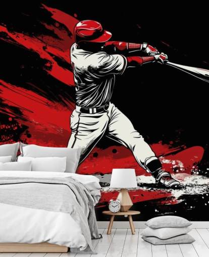 red and black baseball wallpaper mural called Red Splash Baseball for bedrooms