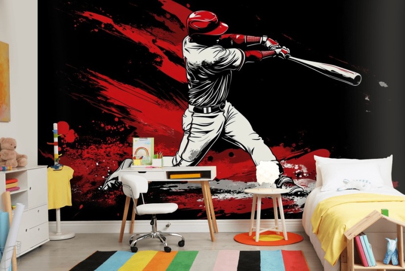 red and black baseball wallpaper mural called Red Splash Baseball for bedrooms
