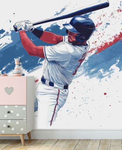 mural de pared de béisbol personalizable llamado Béisbol rojo, blanco y azul para dormitorios de niños