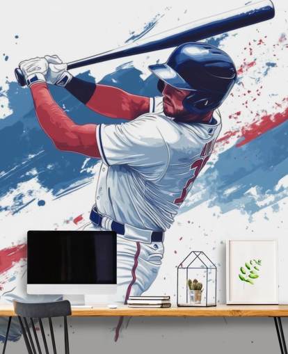 räätälöitävä baseball-seinämaalaus nimeltä Punainen, Valkoinen ja Sininen Baseball lasten makuuhuoneisiin
