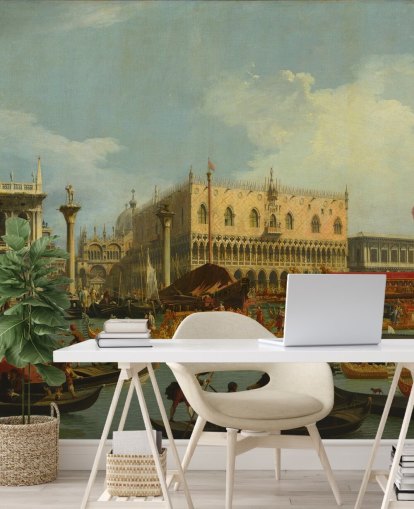 Kunsttapete mit dem Titel Der Bucentaur kehrt zum Pier des Dogenpalastes zurück von Canaletto Kunsttapete mit dem Titel Der Bucentaur kehrt zum Pier des Dogenpalastes zurück von Canaletto