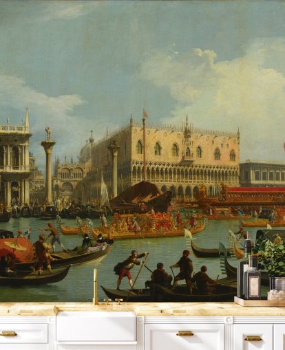 mural de papel de parede de belas artes chamado The Bucentaur Returns to the Pier at the Doge Palace, de Canaletto mural de papel de parede de belas artes chamado The Bucentaur Returns to the Pier at the Doge Palace, de Canaletto