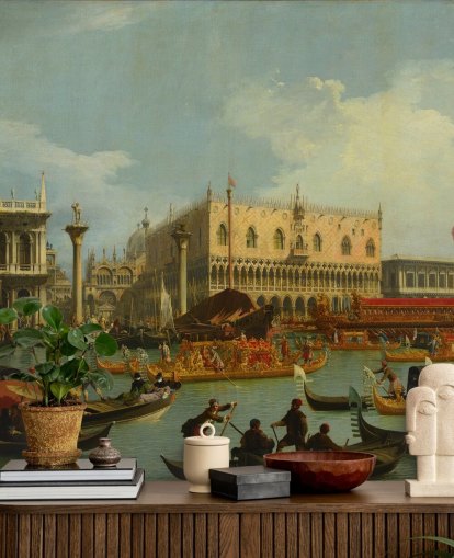 kunstbehangmuurschildering genaamd The Bucentaur Returns to the Pier at the Doge's Palace van Canaletto
