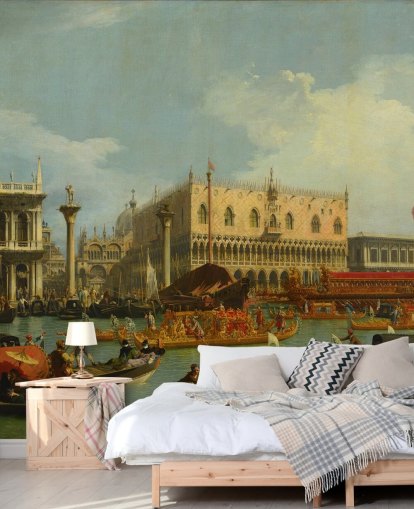 kunsttapet vægmaleri kaldet The Bucentaur vender tilbage til molen ved Doge's Palace af Canaletto
