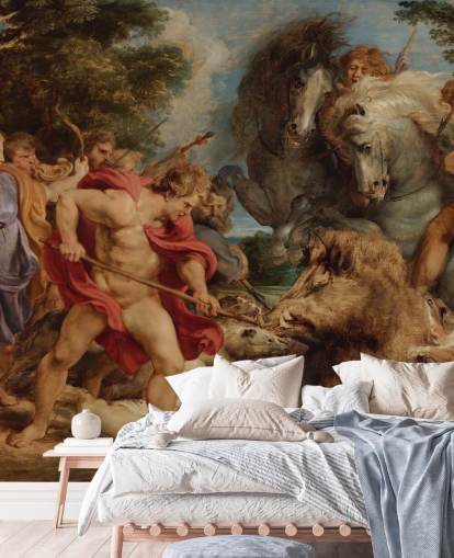 murale d'arte chiamato The Calydonian Boar Hunt di Peter Paul Rubens per salotti, sale da pranzo e uffici domestici