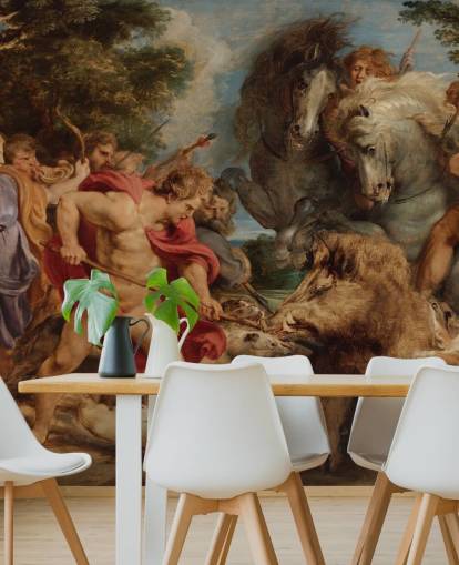 kunstmuurschildering genaamd The Calydonian Boar Hunt van Peter Paul Rubens voor woonkamers, eetkamers en thuiskantoren
