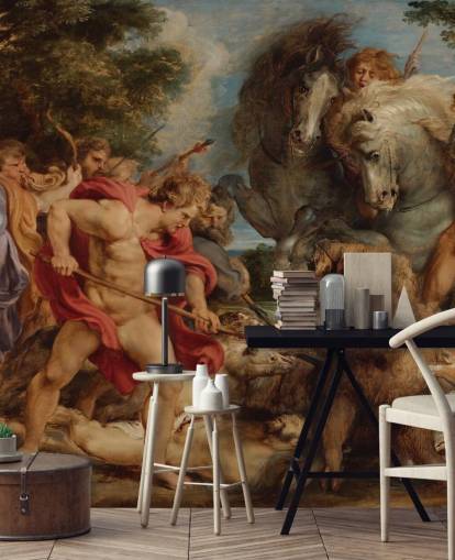 mural de pared de bellas artes llamado The Calydonian Boar Hunt de Peter Paul Rubens para salas de estar, comedores y oficinas en casa