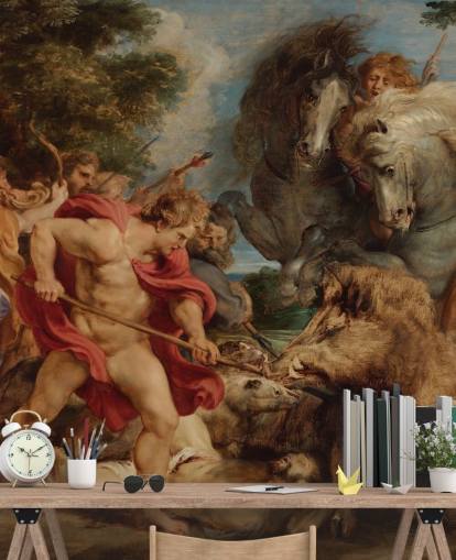 kunstmuurschildering genaamd The Calydonian Boar Hunt van Peter Paul Rubens voor woonkamers, eetkamers en thuiskantoren kunstmuurschildering genaamd The Calydonian Boar Hunt van Peter Paul Rubens voor woonkamers, eetkamers en thuiskantoren