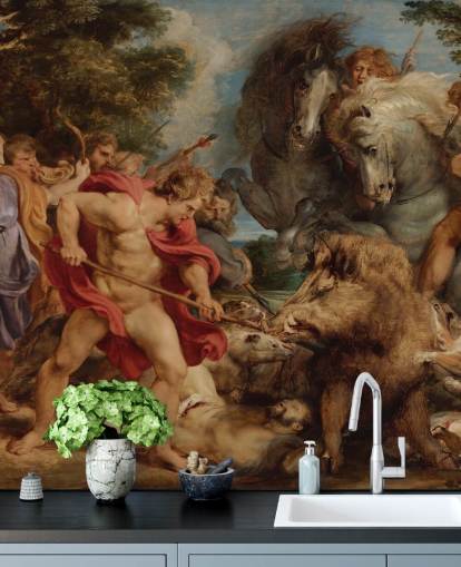 kunstvægmaleri kaldet The Calydonian Boar Hunt af Peter Paul Rubens til stuer, spisestuer og hjemmekontorer