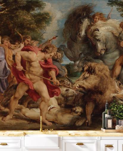 konstväggmålning kallad The Calydonian Boar Hunt av Peter Paul Rubens för vardagsrum, matsalar och hemmakontor